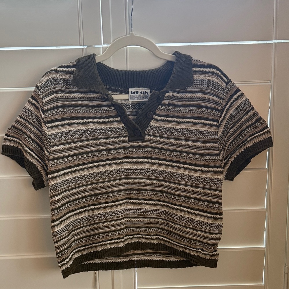 Vintage Striped Brown Cropped Knit Shirt